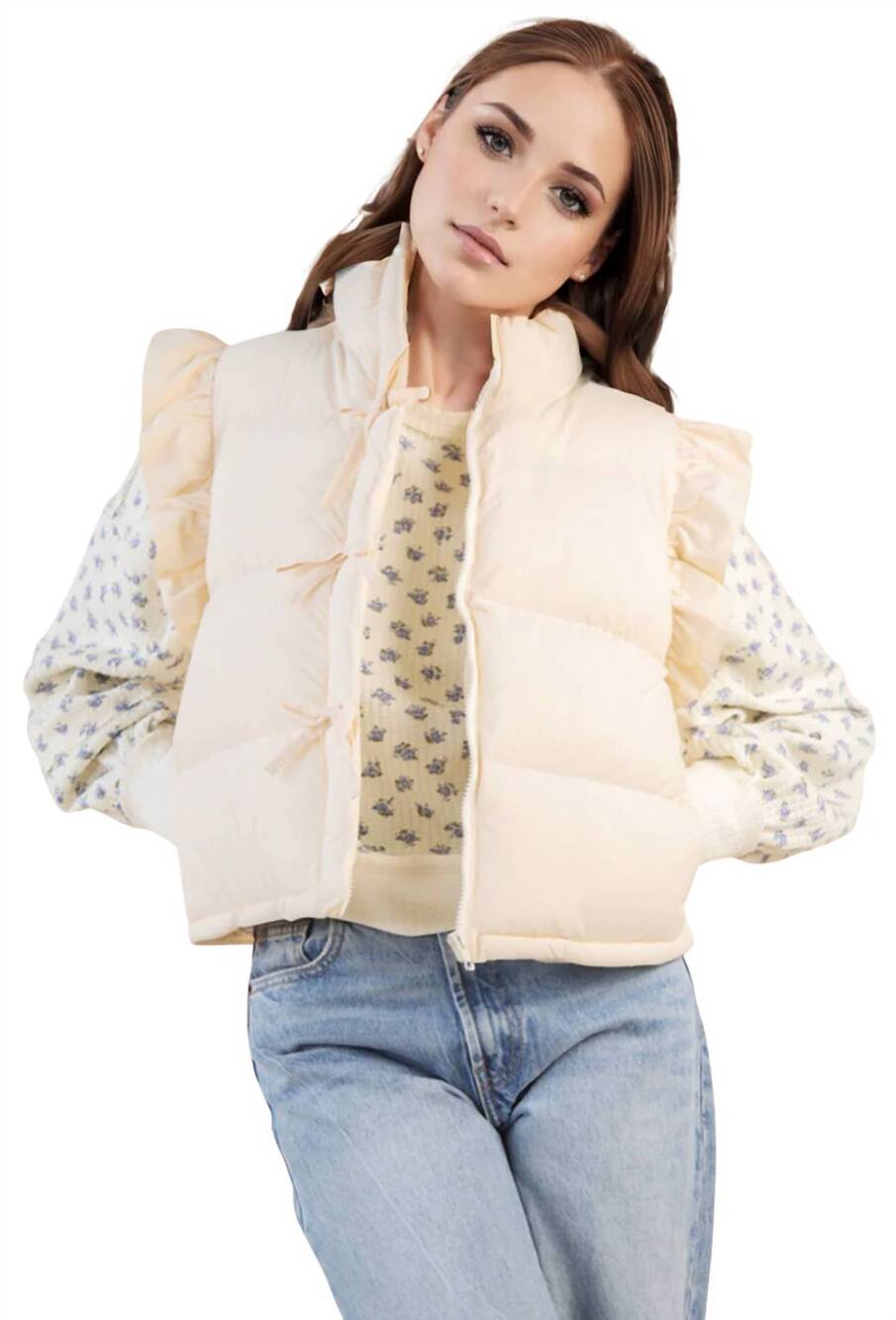 NEW VERY J puffer bow vest in cream
